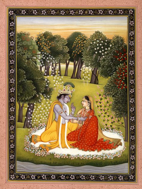 Krishna and Radha miniature Blue boy avatar of Vishnj often seen playing the flute Rajasthani Art, Mughal Art Paintings, Mughal Paintings, Ancient Paintings, Pichwai Paintings, Indian Painting, Krishna Radha Painting, Indian Folk Art, Radha Krishna Art