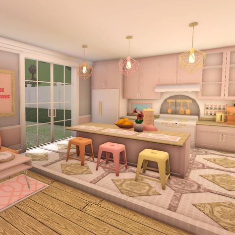 Bloxburg House Ideas Aesthetic Blush Exterior, Peachy Lexi Bloxburg House, Danish Pastel Kitchen Bloxburg, Danish Pastel Bloxburg House Exterior, Bloxburg House Ideas Pastel, Bloxburg Door Entrance Ideas, Preppy Kitchen Bloxburg, Preppy Bloxburg Kitchen, Peachylexii Bloxburg House