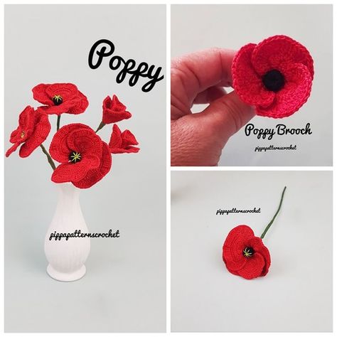 Knitted Poppy Free Pattern, Crochet Poppy Free Pattern, Crochet Poppy Pattern, Poppy Tutorial, Knitted Poppies, Poppy Decor, Poppy Craft, Bouquet Crochet, Crochet Poppy