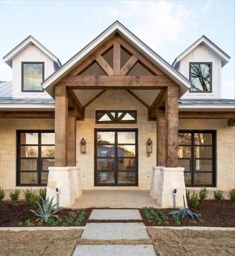 Rustic Farmhouse Exterior, Farmhouse Exterior Design, Building A Porch, Exterior Design Ideas, Stone Pillars, Front Porch Design, Modern Farmhouse Exterior, Front Entrance, House With Porch