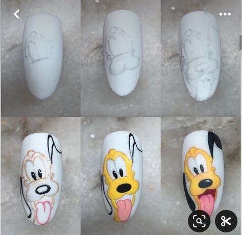 Nail Art Characters Step By Step, Pluto Nails Disney, Character Nail Art Disney, Disney Characters Nail Art, Pluto Nails, Character Nail Art Step By Step, Cartoon Character Nails, Cartoon Nail Designs, Character Nails