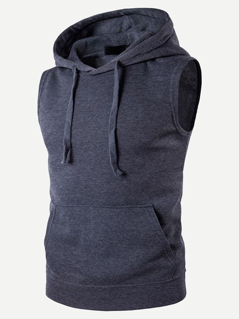 Men Drawstring Sleeveless Solid Hoodie -SHEIN(SHEINSIDE) Gym For Men, Assassins Creed Hoodie, Sleeveless Men, Sleeveless Sweatshirt, Pocket Vest, Spring Hoodie, Cool Winter, Sport Top, Hooded Vest