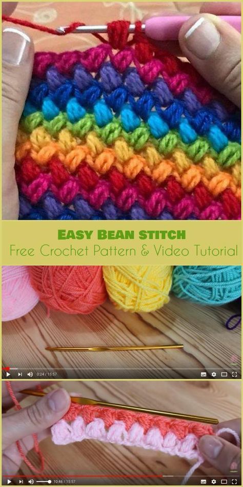 Easy Bean Stitch [Free Crochet Pattern and Video Tutorial] Beau Crochet, Bean Stitch, Confection Au Crochet, Crochet Simple, Haken Baby, Puff Stitch, Crochet Diy, Crochet Stitches Patterns, Crochet Stitch