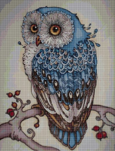 Cross Stitch Frames, Counted Cross Stitch Patterns Free, Unicorn Cross Stitch Pattern, Cross Stitch Owl, Owl Cross Stitch, Blue Owl, Animal Cross Stitch Patterns, Framed Cross Stitch, Cross Stitch Bird