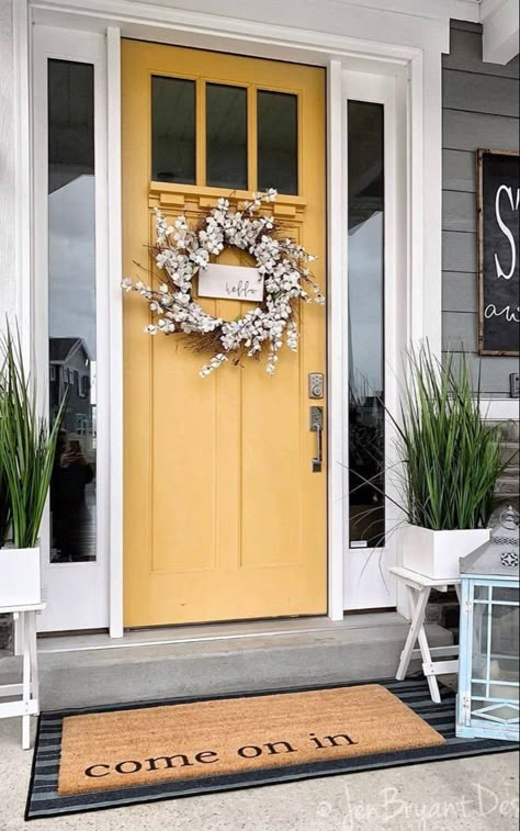 Yellow Front Door, Exterior Door Colors, Cottage Front Doors, Front Door Paint Colors, Yellow Door, Door Colors, Door Paint Colors, Front Door Porch, Painted Front Doors