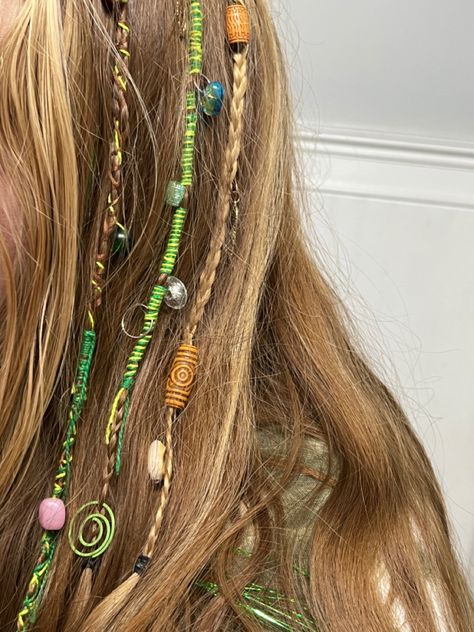 @howdyjulz on instagram Hair Down With 2 Braids, Long Hair In Braids, Atebas Hair, Hippie Hair Wraps, Hair Wrap Designs, Pride Hairstyles, Hair Wrap Ideas, Hair Braid Ideas, Hair Wraps Thread