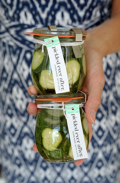 DIY Wedding Favor: Homemade Pickles (With Printable Tag!) | Julep Pickle Favors Wedding, Pickle Wedding Favors, Pickles At Wedding, Pickle Party Favors, Homemade Wedding Favours, Pickle Wedding, Pickle Packaging, Wedding Favor Sayings, Personalised Favours