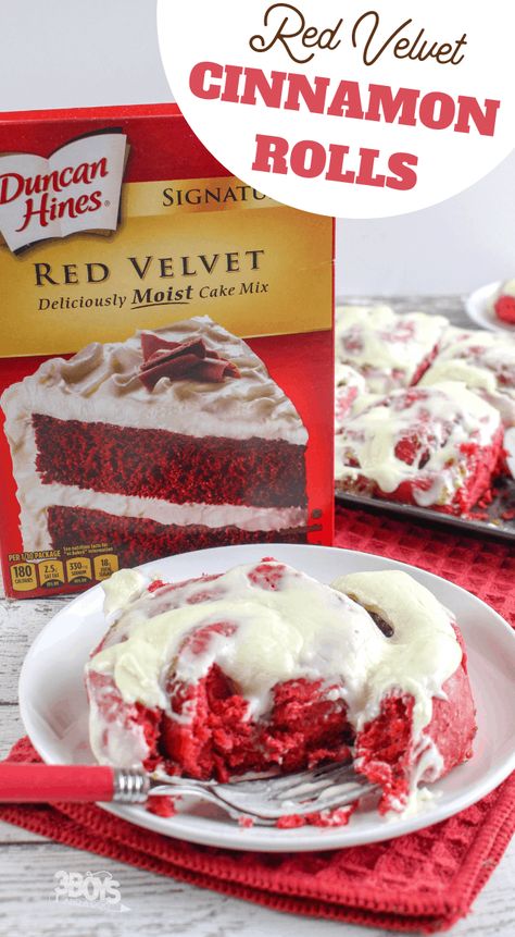 These Red Velvet Cake Mix Cinnamon Rolls are going to blow your mind!  They are so delicious, so decadent, so opulent.  Plus, they are the perfect treat for Valentine' Day. #cakemixrecipes #redvelvet#cinnamonrolls Red Velvet Cinnamon Rolls, Cake Mix Cinnamon Rolls, Velvet Cake Recipes, Red Velvet Cake Mix, Cinnamon Rolls Homemade, Cinnamon Rolls Recipe, Cake Mix Recipes, Sweet Roll, Köstliche Desserts