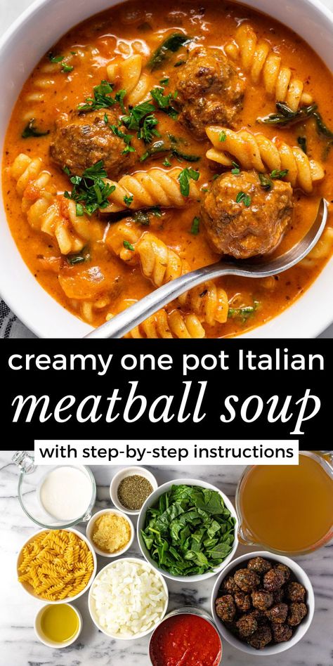 This creamy Italian meatball soup recipe comes together in one pot and is loaded with juicy meatballs and al dente pasta nestled in an herb-filled creamy tomato broth. It's everything you love about Sunday night spaghetti dinner in a warm, comforting bowl of soup! Interesting Crockpot Recipes, One Pot Italian, Italian Meatball Soup, Homemade Italian Meatballs, Meatball Soup Recipes, Italian Meatball, Fall Dinners, Italian Meatballs Recipe, Spaghetti Dinner