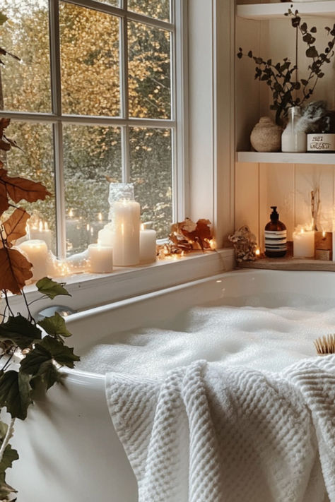 A cozy bathtub filled with bubbles, surrounded by candles and pumpkins, creating the perfect fall self-care atmosphere. Cozy Self Care, Cosy Bathroom, Calming Rituals, Cozy Bath, Cozy Lifestyle, Bath Surround, Fall Cottage, Hygge Living, Cozy Morning