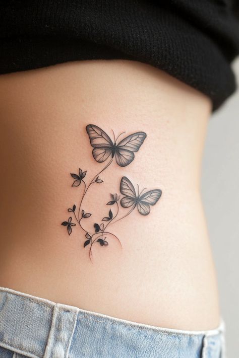 Butterfly Leaves Tattoo, Floral With Butterfly Tattoo, Lotus With Butterfly Tattoo, Simple Butterfly And Flower Tattoo, Tattoes Idea Aesthetic, Butterfly Tattoo With Vines, Butterfly Back Tattoo Women, Back Tattoo Women Butterfly, Happiness Is A Butterfly Tattoo