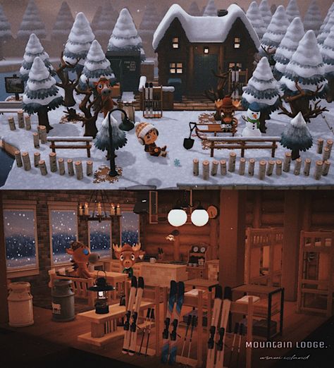 Acnh Winter House Ideas, Winter Animal Crossing Ideas, Acnh Christmas House Exterior, Acnh Winter House Exterior, Acnh Mountain House, Hhp Exterior Ideas, Acnh Christmas House, Animal Crossing Winter House, Animal Crossing Cabin Ideas