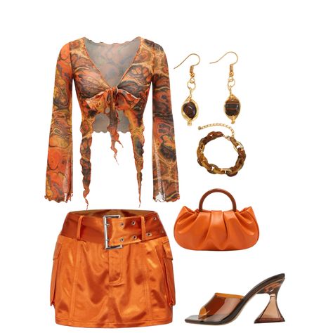 2000s Orange Outfit, Orange Outfit Ideas Black Women, Orange Fits Aesthetic, Orange 90s Outfit, Cute Orange Outfits Aesthetic, Brown And Orange Outfits For Black Women, Orange You Glad Outfit, Orange Kpop Outfit, Orange Outfit Black Women