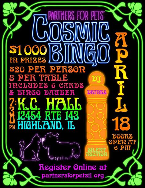 Cosmic Bingo for Partners for Pets Bingo Night Themes, Bingo Night Fundraiser, Glow Bingo, Family Bingo Night, Crazy Bingo, Fundraiser Themes, Dance Fundraisers, Volunteer Ideas, Fundraiser Baskets