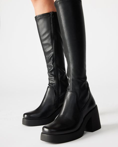 Long Black Boots, Steve Madden Boots, Gogo Boots, Black Knee High Boots, Platform Block Heels, Poses References, Knee Boot, Black Knees, Black Boots Women