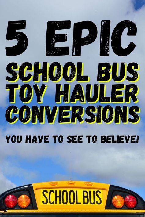 photo of a blue sky with the top of a school bus in the bottom of the photo with text that reads: 5 epic school bus toy hauler conversions that you have to see to believe! Bus Toy Hauler, Toy Hauler Conversion, Bus Tiny House, Toy Hauler Camper, School Bus Camper, School Bus Tiny House, Converted School Bus, Cargo Trailer Conversion, Diy School