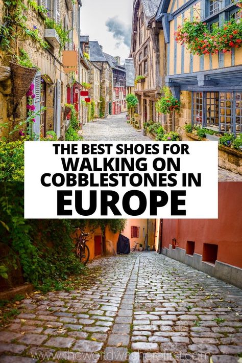 A guide to the best shoes for walking on cobblestones in Europe including options for boots, sandals and walking shoes for men and women. Mens Walking Shoes Sneakers, Best Flats For Walking, Dress With Walking Shoes, Comfy Boots For Walking, Trendy Walking Shoes Women, Sandals For Walking All Day, Womens Waterproof Shoes, Best Shoes To Wear In Italy, Best Walking Boots For Women Travel