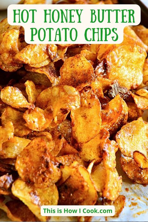 This Korean honey butter chips recipe has me addicted. My potato chips recipe has an extra kick with spicy honey, butter and Nashville seasoning! #HoneyButterPotatoChips #HoneyButterPotatoChipsRecipe #KoreanSnacks #KoreanSnacksRecipe #KoreanHoneyButterChips Kettle Chips Homemade, Honey Butter Chips, Spicy Honey Butter, Homemade Chips Recipe, Hot Honey Butter, Gameday Appetizers, Chip Seasoning, Potato Chips Recipe, Homemade Honey Butter