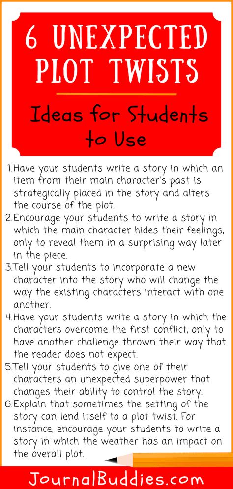 Looking for great plot twist ideas? Use our plot twist examples and plot twists ideas to help your students learn to love this innovative writing element. #PlotTwistIdeas #PlotTwistWritingExamples #JournalBuddies Love Story Plot Twists, Story Twist Ideas, Writing Plot Twist Ideas, Story Plot Twist Ideas, Plot Twist Ideas Story Prompts, Writing Plot Twists, Plot Twist Ideas, Plot Tips, Oc Development