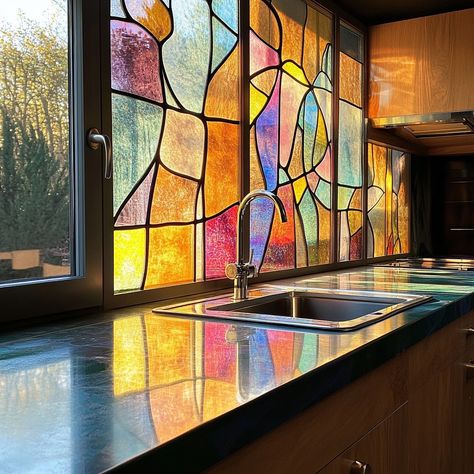 A stained glass kitchen is a vibrant and artistic space where functionality meets timeless beauty. The cabinets and windows are adorned with intricate stained glass panels that catch the light, casting colorful reflections throughout the room. Each piece of stained glass is carefully crafted, featuring patterns inspired by nature, geometric designs, or abstract art, creating a unique and personalized aesthetic. The interplay of light through the glass transforms the kitchen into a dynamic env... Stained Glass Reflection Aesthetic, Stained Glass Above Doorway, Stained Glass Bedroom Window, Stained Glass In Home, Stained Glass Panels Ideas, Diy Stain Glass Art, Stained Glass Kitchen Window, Stained Glass In House, Stained Glass In Kitchen