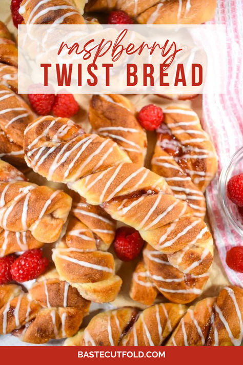 An easy-to-make recipe for raspberry bread twists. Made with a homemade bread dough, filled with raspberry jam, and drizzled with vanilla bean glaze, these sweet breadsticks work nicely for breakfast or brunch. Braided Fruit Bread, Rhodes Bread Dough Recipes, Rhodes Bread Dough, Twist Bread, Rhodes Bread, Homemade Bread Dough, Raspberry Bread, Bread Twists, Bread Dough Recipe