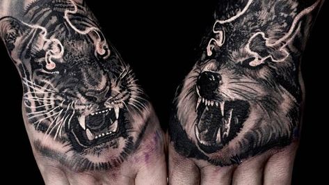 Tiger Hand Tattoo, Hand Tattoo Designs, Wolf Tattoos Men, Native American Tattoos, Tiger Tattoo Design, White Tattoos, Hand Tats, Small Hand Tattoos, Hand Tattoos For Guys