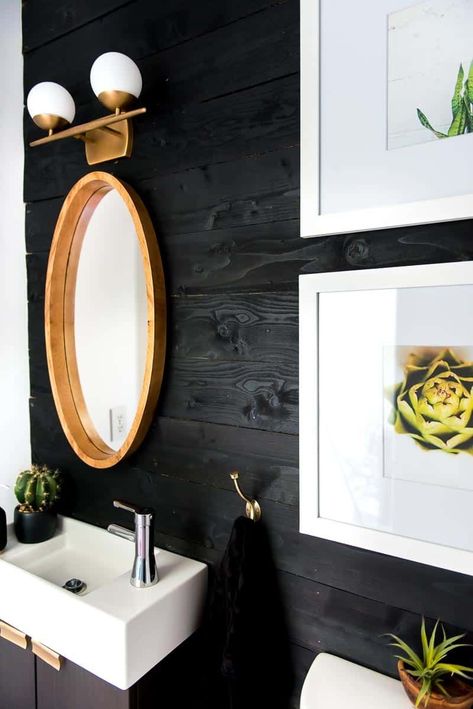 Get your room looking shiplap chic for under $50!!! #shiplap, #darkwalls, #bathroommakeover, #blackpaint, #blackshiplap Diy Black Shiplap Wall, Black Shiplap Wall Bathroom, Black Shiplap Bathroom, Black Accent Wall Bathroom, Black Shiplap Wall, Shiplap Bathroom Wall, Black Shiplap, Chalk Paint Kitchen Cabinets, Chalk Paint Kitchen