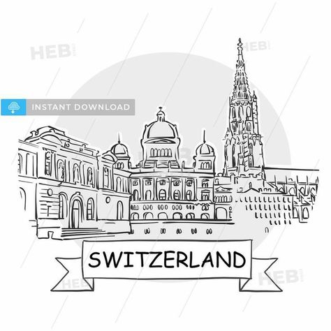 Switzerland Drawing, Architecture Banner, City Outline, Switzerland Art, Black Line Art, History Background, Wallpaper Template, Switzerland Tourism, Drawing Printable