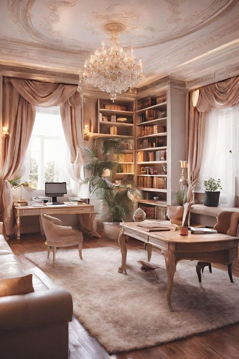 Luxury Study Room Design, Office And Library Combo, Classy Home Office, Makeshift Desk, Girly Office Space, Feminine Home Office Classy, Millionaire Aesthetic, Old Money Office, Girly Home Office