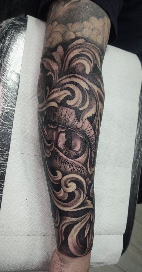 realistic eye, sleeve tattoo in progress Eye Sleeve Tattoo, Eye Tattoo Sleeve, Realistic Eye, Male Eyes, Eye Tattoo, Tattoo Sleeve, Sleeve Tattoo, Meaningful Tattoos, I Tattoo