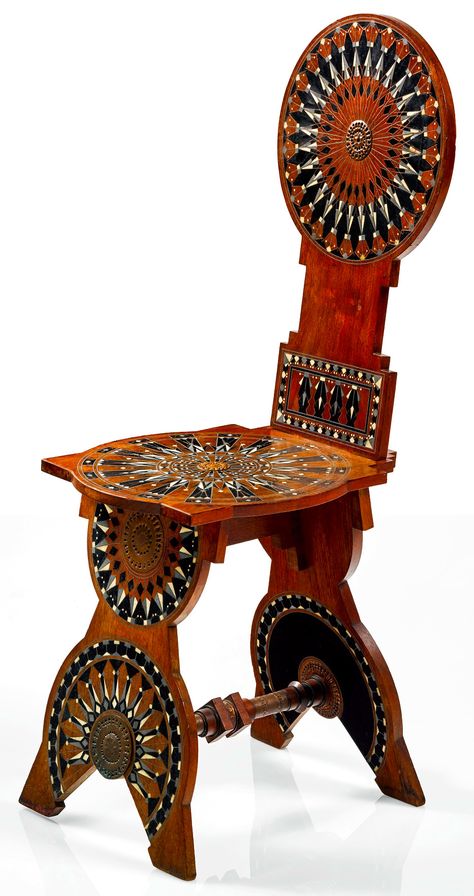 Sgabello (Stool) chair - Carlo Bugatti, circa 1900. Carlo Bugatti, Fret Work, Sothebys Art, Art Nouveau Furniture, Mosaic Inlay, Kalay, Door Design Modern, Fantastic Furniture, Funky Furniture