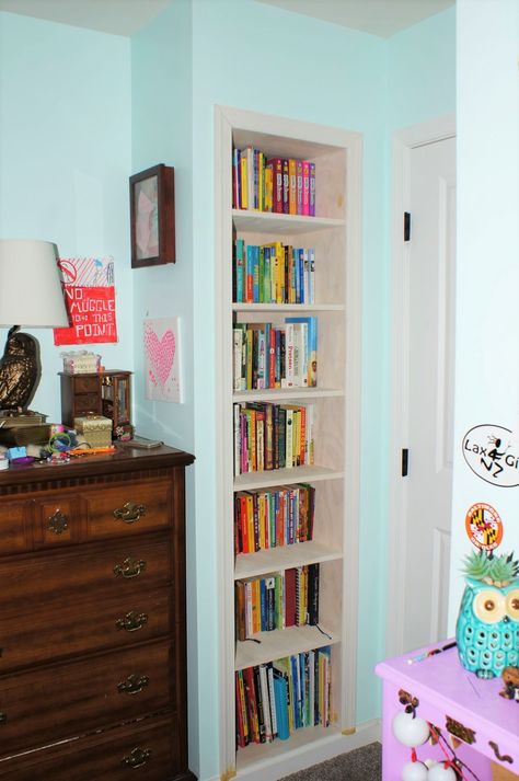 Use that Hidden Wall Space for a Recessed Bookcase » Cathartic Crafting Recessed Wall Bookshelf, Bookshelf Inside Wall, Wall Insets Ideas, Storage In Wall Studs Built Ins, Hidden Storage Behind Picture Frame, Hidden Room Behind Bookshelf, Wall Inset Ideas, Bookcase In Wall, Diy Recessed Shelves