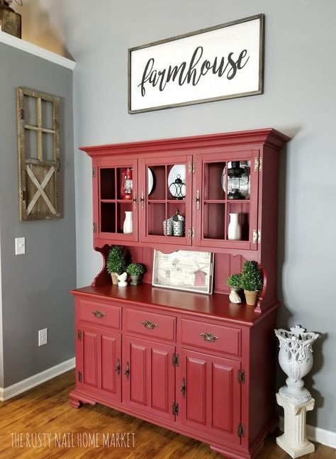 Chalk Painted Hutch and China Cabinet Ideas to inspire you Chalk Painted Hutch, Red Hutch, Red Painted Furniture, Farmhouse Hutch, Painted Hutch, Painted China Cabinets, Dining Hutch, Hutch Makeover, Red Farmhouse