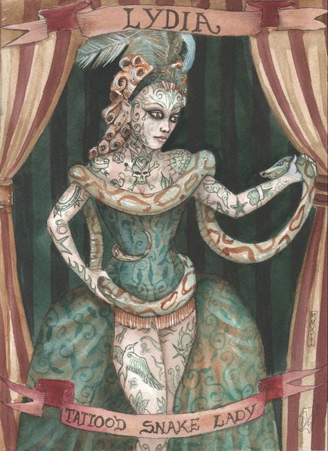 Dominic Murphy | Tattooed Snake Lady Snake Charmer Tattoo, Dominic Murphy, Show Tattoo, Snake Lady, Haunted Circus, Steampunk Circus, Alice In Wonderland Artwork, Thorpe Park, Wonderland Artwork