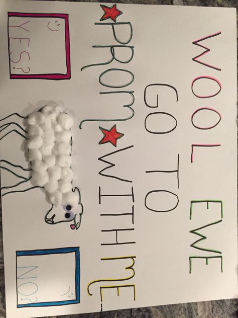 Promposal for all those sheep lovers out there. #FFA #WoolEwe #SheepHumor Ffa Homecoming Proposal, Ffa Promposal, Hoco Boards, Creative Prom Proposal Ideas, Funny Proposal, Prom Invites, Formal Proposals, Cute Promposals, Dance Proposals