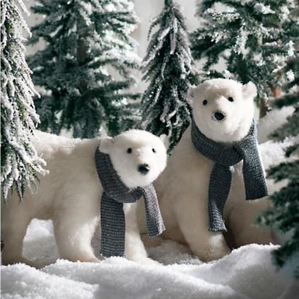 Walking Polar Bear with Scarf | Grandin Road Fur Tree, Polar Bear Christmas, Fir Christmas Tree, Pine Christmas Tree, Faux Snow, Bear Christmas, Bear Decor, Grandin Road, Christmas Bear