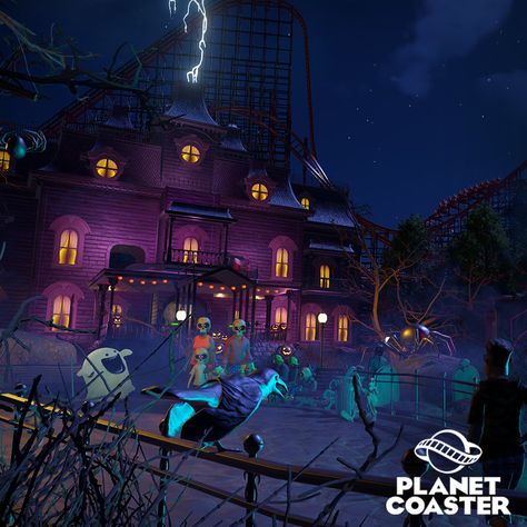 Planet Coaster - Spooky DLC, Timothy Dries on ArtStation at https://www.artstation.com/artwork/G3E4a Planet Coaster Building Ideas, Planet Coaster Ideas, Coaster Inspiration, Theme Park Planning, Shadow Casting, Broadway Theme, Park Concept, Zoo Project, Coaster Ideas