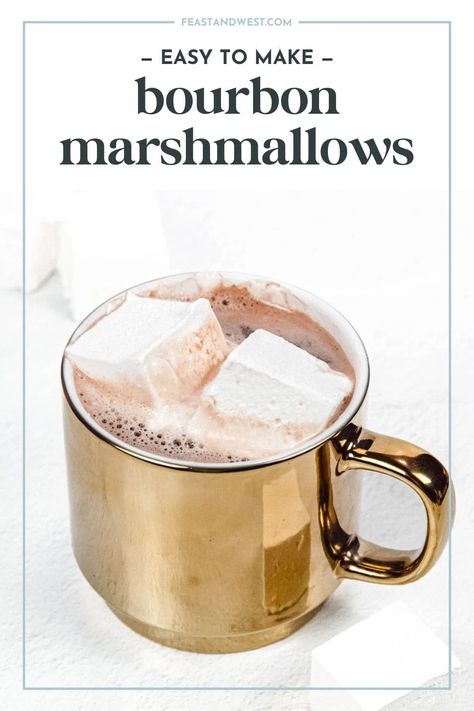 Bourbon Marshmallows are an instant upgrade for s'mores or hot cocoa! With a hint of whiskey, they're an adult version of a childhood treat! Bourbon Marshmallow Recipe, Bourbon Marshmallows, Bourbon Dessert, How To Make Bourbon, Marshmallow Vodka, Bourbon Caramels, Peppermint Hot Cocoa, Christmas Cocktail Party, Cocktail And Mocktail