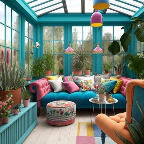 Hippy Conservatory, Maximalist Conservatory, Funky Conservatory Ideas, Bright Sunroom Ideas, Conservatory Paint Ideas, Boho Conservatory Decor, Colourful Conservatory Decor, Encanto Themed Bedroom, Conservatory Interior Design