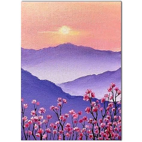 Mountain Painting With Flowers, Flower Paintings For Beginners, Painting Ideas Mountains, Cute Canvas Paintings Aesthetic, Mountain Painting Simple, Mountain Painting Ideas, Acrylic Painting Mountains, Mood Board Painting, Acrylic Mountain Painting