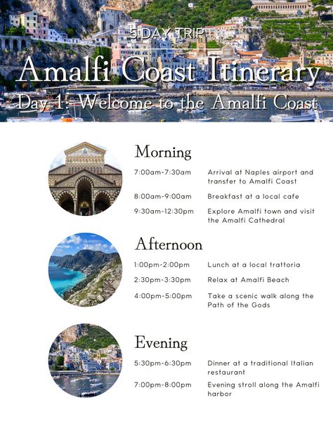 Embark on a breathtaking journey through the Amalfi Coast with our beautifully designed, customizable 5-Day Amalfi Coast Itinerary Canva Template. This easy-to-use and visually appealing template will guide you through the stunning coastal towns, hidden gems, and unforgettable experiences of this Italian paradise. Whether you're a first-time visitor or a seasoned traveler, this itinerary will help you make the most of your Amalfi Coast adventure. What's included: * A detailed 5-day itinerary with suggested timings, covering major attractions like Positano, Amalfi, Ravello, and Capri, as well as lesser-known spots to explore * High-quality images for each destination, giving you a glimpse of the Amalfi Coast's beauty and charm * Customizable text, colors, and layout to match your style and Almafi Coast Italy, Amalfi Beach, Italy Amalfi Coast, Italy Coast, Amalfi Coast Itinerary, Path Of The Gods, Amalfi Coast Italy, The Amalfi Coast, Dream Travel Destinations