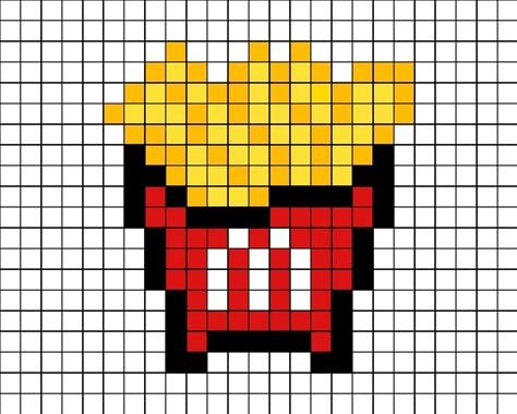 A pixel art template of McDonald's chips (or Fries for American's) in a cardboard bucket. Cupcake Pizza, Cute Pixel Art, Cross Stitch Gifts, Stitch Gifts, Mc Donald's, Character Blankets, Fuse Bead Patterns, Arte Van Gogh, Pixel Art Grid