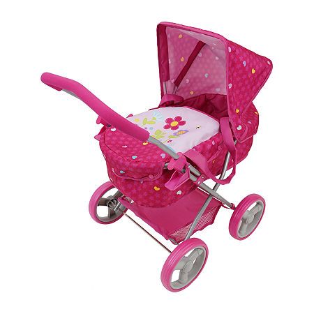 Very cute half folding 509 Baby Doll Garden Pram made with steel tube frame featuring a retractable canopy and large shopping basket. Fits Dolls up to 18 inches. The Pram's fun bright fabric is a durable polyester which can be hand washed, the parent handle is a nice comfortable foam, and the two-tone wheels complement the overall look. This 509 Pram also includes a safety lock system that prevents a sudden or unexpected collapse, both side safety latches must be lifted to fold for storage or tr Basket Bassinet, Doll Pram, Baby Doll Bed, Doll Garden, Bright Fabric, Kids Play Toys, Retractable Canopy, Kids Pretend Play, Bright Fabrics