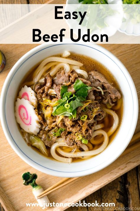 Craving a steamy bowl of hot noodle soup? This heartwarming Beef Udon will be your new go-to Japanese comfort dish! This recipe serves up tender sliced beef on top of thick, chewy udon noodles in a savory broth, all in under 30 minutes! #japanesefood #udon #easymeals #dinnerideas #asianrecipes #soup | Easy Japanese Recipes on JustOneCookbook.com Udon Soup Broth, Udon Soup Recipe, Yakimeshi Recipe, Japanese Rice Dishes, Beef Udon, Easy Crockpot Soup, Udon Noodles Recipe, Udon Recipe, Udon Soup