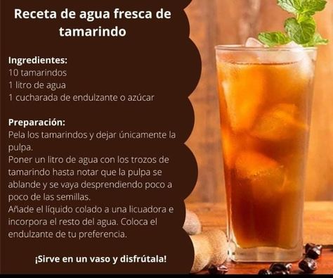 Receta de agua fresca de tamarindo • Ingredientes: 10 tamarindos 🥛1 litro de agua 🥄🍚1 cucharada de endulzante o azúcar • Preparación: Pela los tamarindos y dejar únicamente la pulpa. Poner un litro de agua con los trozos de tamarindo hasta notar que la pulpa se ablande y se vaya desprendiendo poco a poco de las semillas. Añade el líquido colado a una licuadora e incorpora el resto del agua. Coloca el endulzante de tu preferencia. Sirve en un vaso y disfrútala 😋🥤. #Aguafresca #Tamarindo Vsg Recipes, Shake Diet, Homemade Soup Recipe, Agua Fresca, Healthy Juice Recipes, Tamarindo, Drink Table, Homemade Soup, Healthy Juices