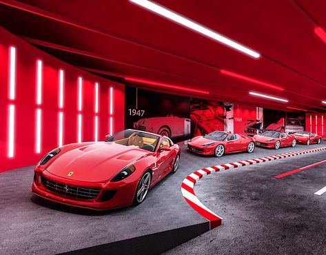 2018 Ferrari Racing Days Ferrari Graphic Design, Racing Interior, Ferrari Showroom, Car Showroom Architecture, Car Showroom Interior, Red Hotel, Car Showroom Design, Car Display, Art Galleries Design