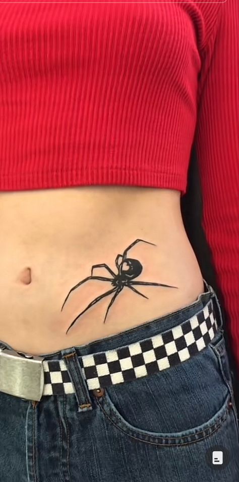 Spider Tattoo Lower Stomach, Spider Tattoo With Heart, Front Waist Tattoos For Women, Spider Tattoo Heart, Spider On Waist Tattoo, Black Widow Hip Tattoo, 8ball Spider Tattoo, Spider Waist Tattoos, Spider With Heart Tattoo