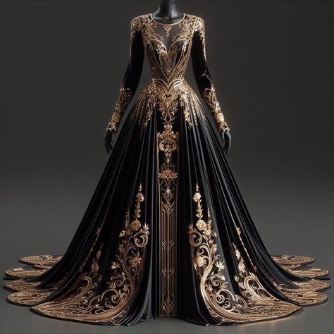 Black And Gold Queen Dress, Dark Fantasy Gowns Queens, Black And Gold Fantasy Dress, Fantasy Queen Outfit, Fantasy Royalty Clothes, Fantasy Gowns Queens, Royal Dresses Queens Gowns, Royal Dresses Queens, Royal Dresses Queens Fantasy