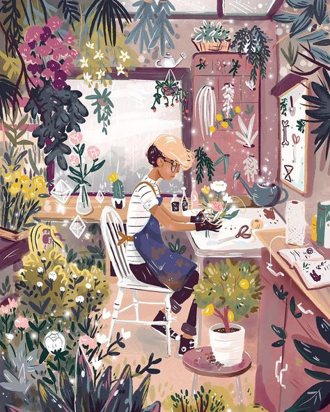 Magic Florist ✨🌿💐 I spent all day on this one. It was so fun and I feel a lot like how this florist feels about their lil bouquet they’re… Florist Illustration, Galary Wall, Boho Living Room Decor, Lifestyle Illustration, Little Doodles, Color Depth, Etsy Instagram, Original Illustration, Interior Art