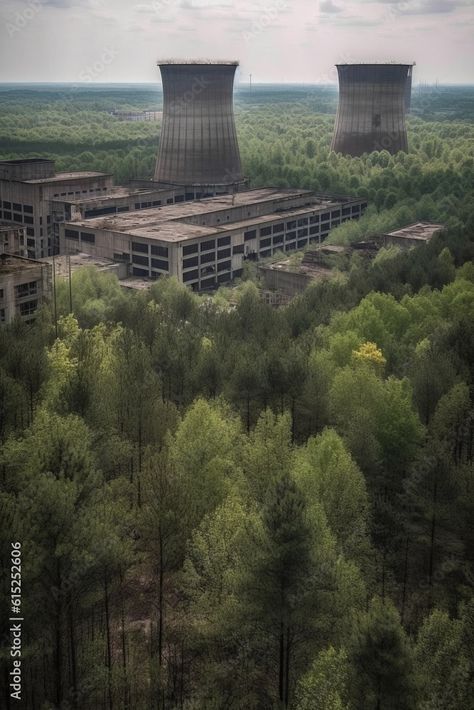 Abandoned Nuclear Plant, Nuclear Power Plant Aesthetic, Nuclear Power Plant Illustration, Abandoned Power Plant, Power Plant Aesthetic, Forest Pollution, Map Inspiration, Nuclear Plant, Art University